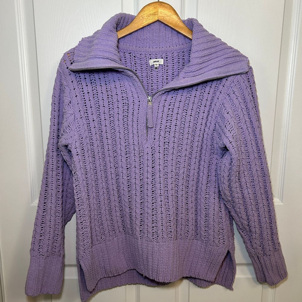 Aerie Cable Car Quarter Zip Sweater Purple Oversized Chunky Knit‎ XXS Cozy
